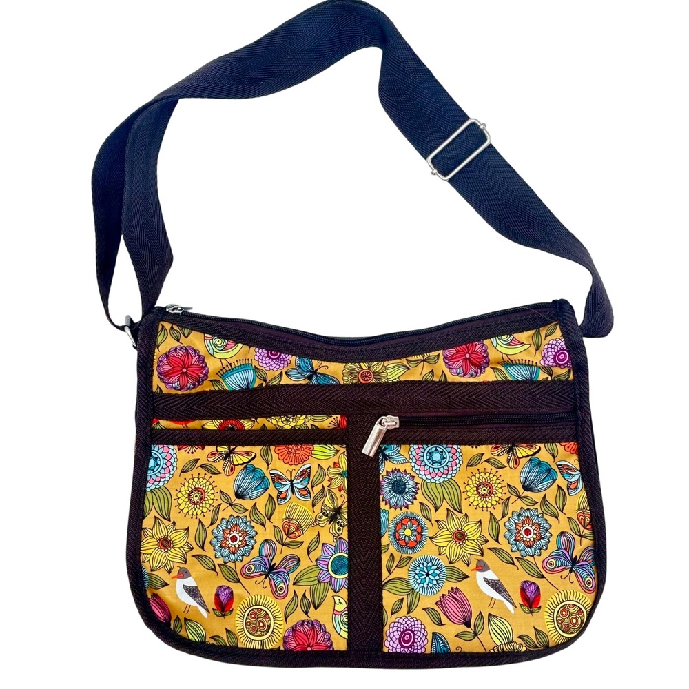 Braciano Mustard Yellow Floral Bird Butterfly Crossbody Bag Adjustable Strap
